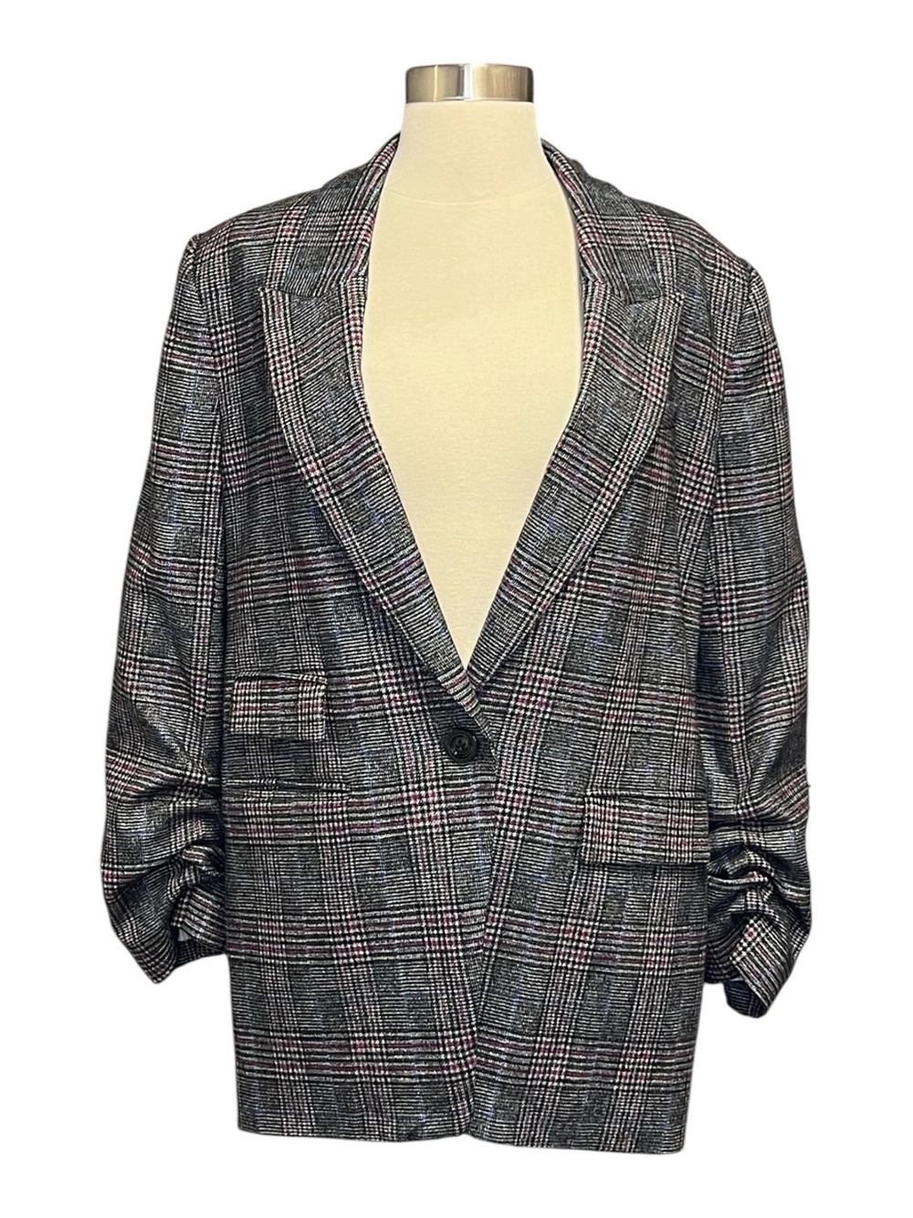 Veronica Beard Houndstooth Ruched Sleeve Blazer